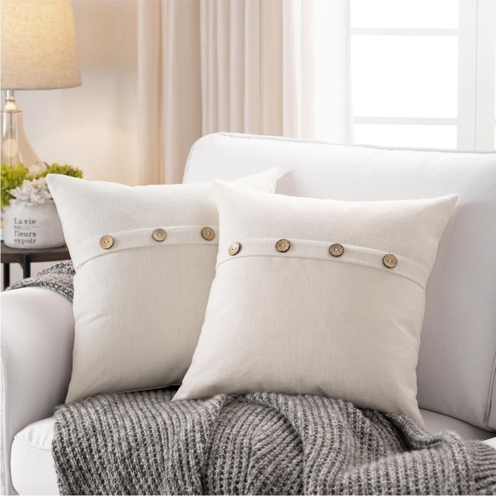Farmhouse Mid Century Modern Bohemian Decorative Ivory Linen Pillow Case Cover - Picture 1 of 15